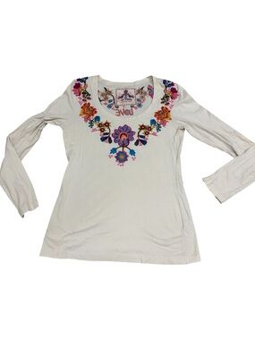 Johnny Was Embroidered Scoop Neck Cotton Floral Top Cortez Size Medium